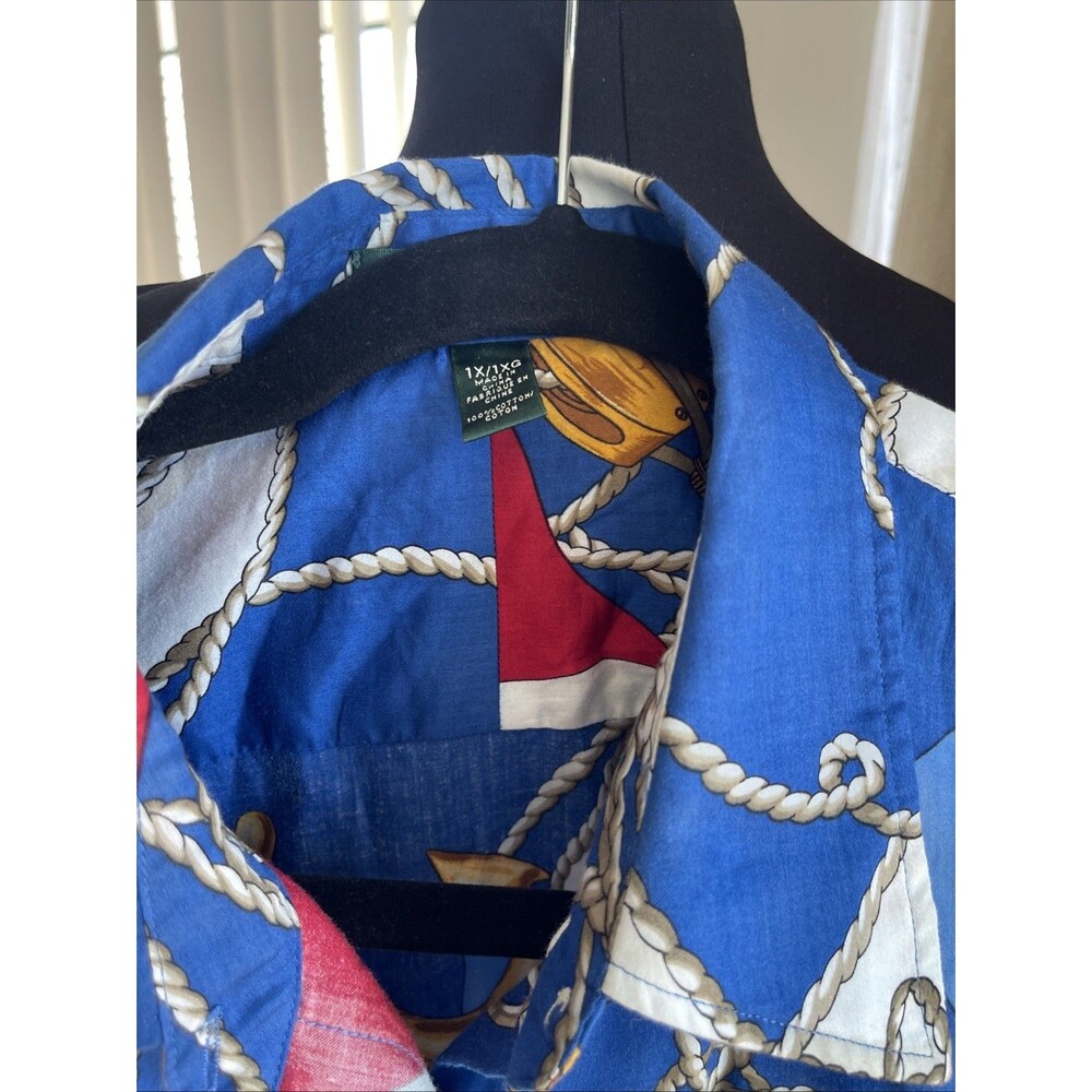 LAUREN RALPH LAUREN Women Top Blouse Nautical Theme Flags Anchor Button 1X - Picture 3 of 7